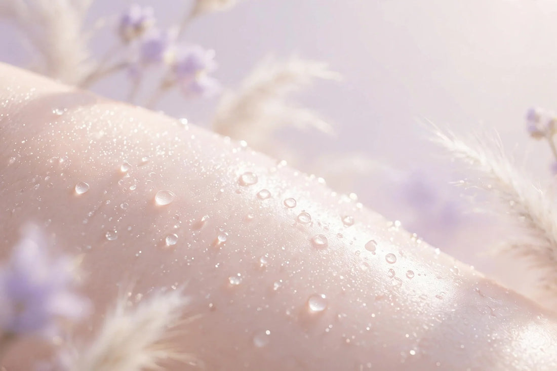 Dewy glass skin with water droplets in soft pastel tones