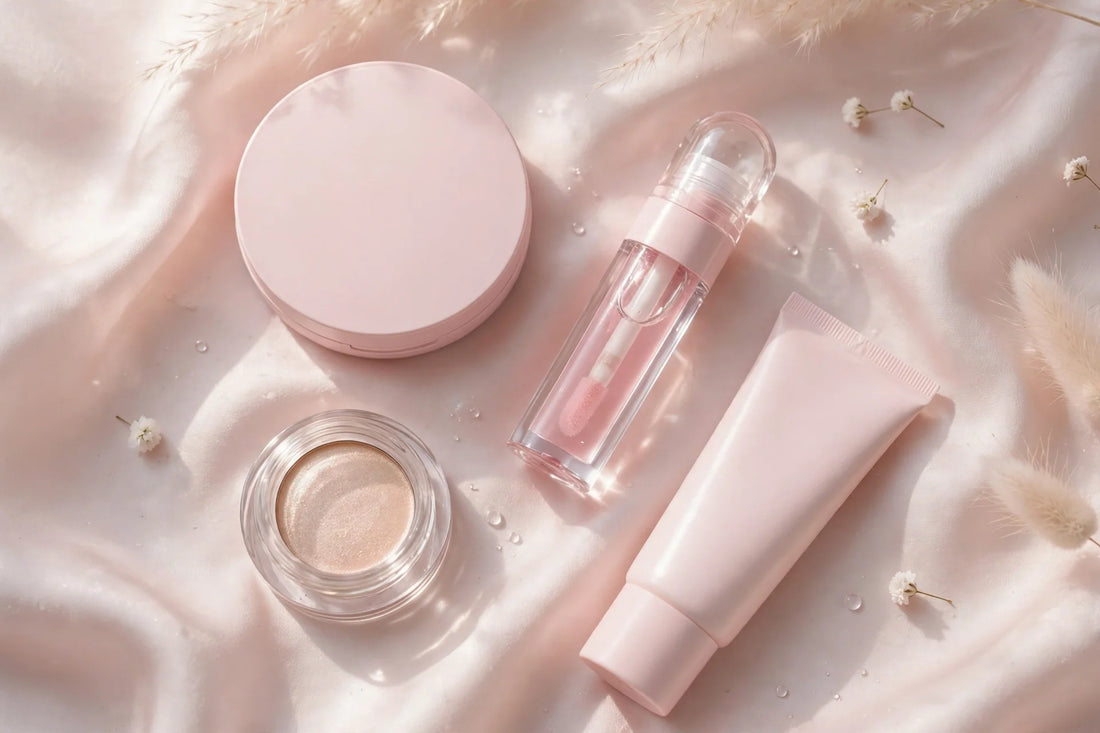 Pastel K-beauty flat lay for a 5-minute school makeup look