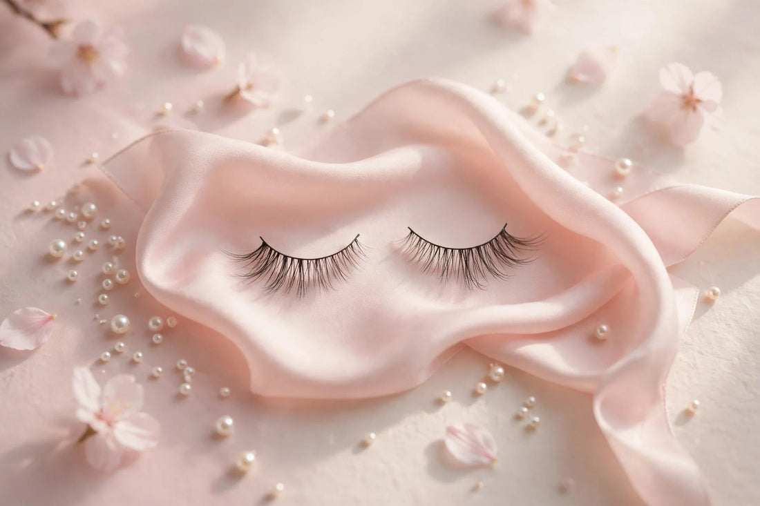 Flortte Miss Lucky false eyelashes resting on blush silk with pearls